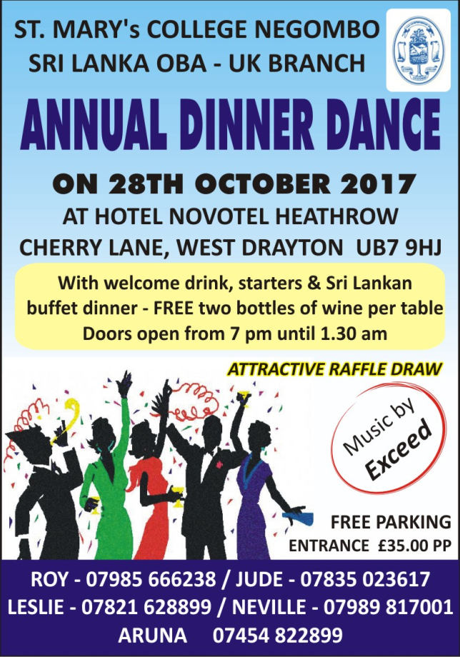 Annual Dinner Dance Organized by St Mary's College Negombo Sri Lanka OBA-UK Branch